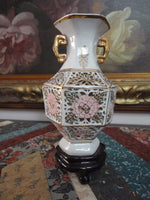 Antique VTG Chinese Porcelain Floral Vase Carved Cut Outs Painted Gold Trimmed