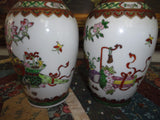 Antique Chinese 2 Oriental Porcelain Vase Set Hand Painted Gold Trimmed 6.5 inch