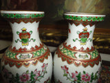 Antique Chinese 2 Oriental Porcelain Vase Set Hand Painted Gold Trimmed 6.5 inch