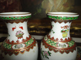 Antique Chinese 2 Oriental Porcelain Vase Set Hand Painted Gold Trimmed 6.5 inch