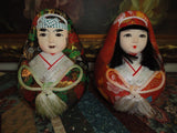 Japanese Wedding Dolls Bride Groom Set Kimono Brocade Glass Eyes Hand Painted 7"