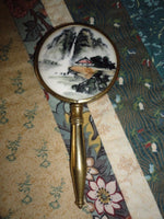 Antique Chinese Brass Hand Held Mirror Handpainted Porcelain Landscape 5 inch