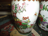 Antique Chinese 2 Oriental Porcelain Vase Set Hand Painted Gold Trimmed 6.5 inch