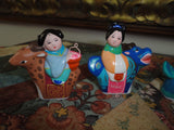 Antique Chinese Hand Painted Clay Figurines Set 5 Men and Women Riding Animals
