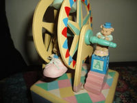 Handmade Wooden Wind Up MUSICAL FERRIS WHEEL Baby Mice & Bear Vintage Moving