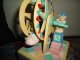 Handmade Wooden Wind Up MUSICAL FERRIS WHEEL Baby Mice & Bear Vintage Moving