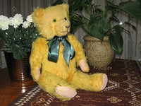 Antique Old Sonneberg Germany Yellow Golden Mohair Bear Green Eyes 18 Inch