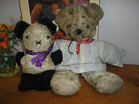 Antique 1940's Button Eyed Bear and Panda Lot of 2 Teddy Bears 13 In. Silk Plush