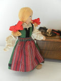 Antique Europe 1950s Doll & Oak Wooden Blanket Box Handmade w Accessories