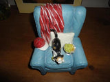 B&W & Orange Cat on Blue Armchair Figurine Handpainted Imported LDT Montreal