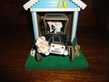 Wooden MUSICAL MOVING Antique Car Garage Bride & Groom Just Married Music Box