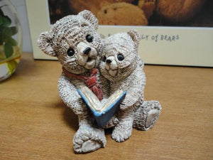 Vintage Father Bear with Baby Boy Son Reading Book Painted Carved Stone Figurine