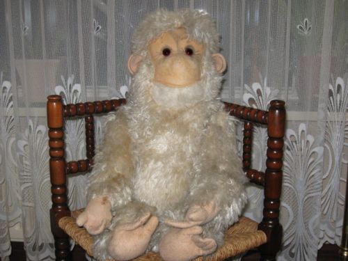 Old Antique German White Grey Monkey Artificial Plush 28.7 Inch 73 CM 1920s