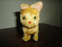 Antique Tin Wind Up Mechanical Cat Occupied Japan Silk Plush Glass Eyes Works
