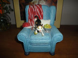 B&W & Orange Cat on Blue Armchair Figurine Handpainted Imported LDT Montreal