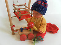 Vintage ES Germany Doll with Beechwood Baby Swing Set Wooden Duck