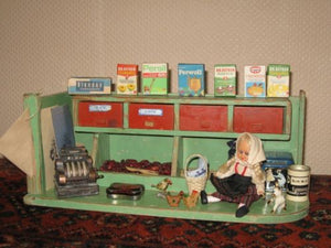 Antique 1950s Okwa Dutch Wooden Small Grocery Store with Doll & Miniatures