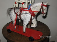 Antique 1940s Austrian Old White Mohair Horse on Wheels Pull Toy 11 Inch Rare
