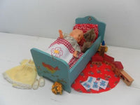 Antique Europe 1950s Wooden Doll Bed with Hong Kong Doll & Accessories