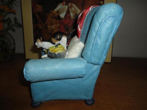 B&W & Orange Cat on Blue Armchair Figurine Handpainted Imported LDT Montreal