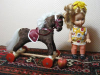 Old Vintage Germany 1960s Horse on Wheels with Doll