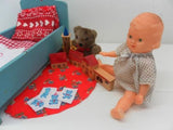 Antique Europe 1950s Wooden Doll Bed with Hong Kong Doll & Accessories