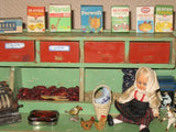 Antique 1950s Okwa Dutch Wooden Small Grocery Store with Doll & Miniatures