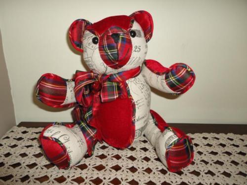 Christmas Bear Red Velvet Plaid & Canvas Fabric with Sleigh Bell