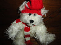 White Shaggy Teddy Bear wearing Knitted Hat & Scarf Pointed Snout