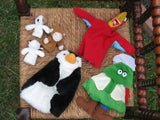 Lot of 6 Dutch Hand Finger Puppets Aladdin Parrot Penguin Cow Dog Monkey