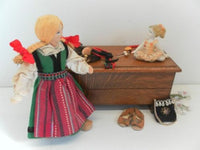 Antique Europe 1950s Doll & Oak Wooden Blanket Box Handmade w Accessories