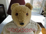 Antique Beige Wooly Plush Teddy Bear in Sweater 18 Inch Big 1960s