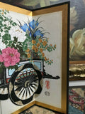 Antique Asian Japanese Original Hand Painted 4 Panel Screen Flower Cart 11x16"