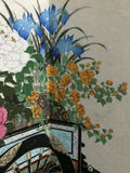 Antique Asian Japanese Original Hand Painted 4 Panel Screen Flower Cart 11x16"