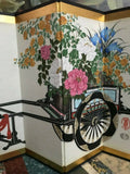 Antique Asian Japanese Original Hand Painted 4 Panel Screen Flower Cart 11x16"
