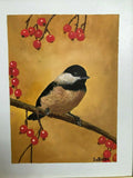 Original Oil Painting CHICKADEE Bird with Berries Artist Signed Schildt Schiedt 14"x11" inch