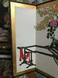 Antique Asian Japanese Original Hand Painted 4 Panel Screen Flower Cart 11x16"