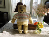 Antique Beige Wooly Plush Teddy Bear in Sweater 18 Inch Big 1960s