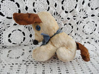 Antique 1940s Beige Brown Silk Mohair Dog Blue Glass Eyes 6 inch