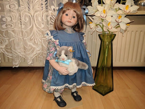 1996 Dutch Artist Signed Handmade Porcelain Doll 25 inch 1/1 Steiff Snuffi Cat