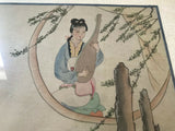Antique Original Hand Painted Silk Cloth Japanese Biwa Geisha Lady Art Wood Glass Framed
