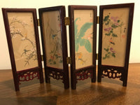 Vintage Chinese 4 Panel Screen Artist Hand Painted Silk Lacquer Rose Wood Glass