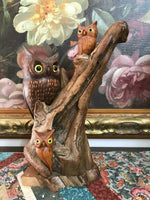 50's Mother & Baby OWLS Tree Wood Statue Hand Carved Signed Art 12