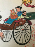 Antique Original Hand Painted Silk Cloth Mother & Children Rickshaw Art 12x10