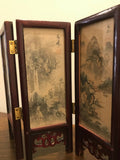 Vintage Chinese 4 Panel Screen Artist Hand Painted Silk Lacquer Rose Wood Glass