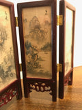 Vintage Chinese 4 Panel Screen Artist Hand Painted Silk Lacquer Rose Wood Glass