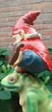 Jumbo Gnome with Lasso Riding Frog Statue Stunning 34 Inch Dwarfy Products ALD