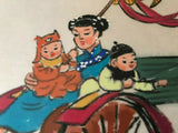 Antique Original Hand Painted Silk Cloth Mother & Children Rickshaw Art 12x10