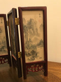 Vintage Chinese 4 Panel Screen Artist Hand Painted Silk Lacquer Rose Wood Glass