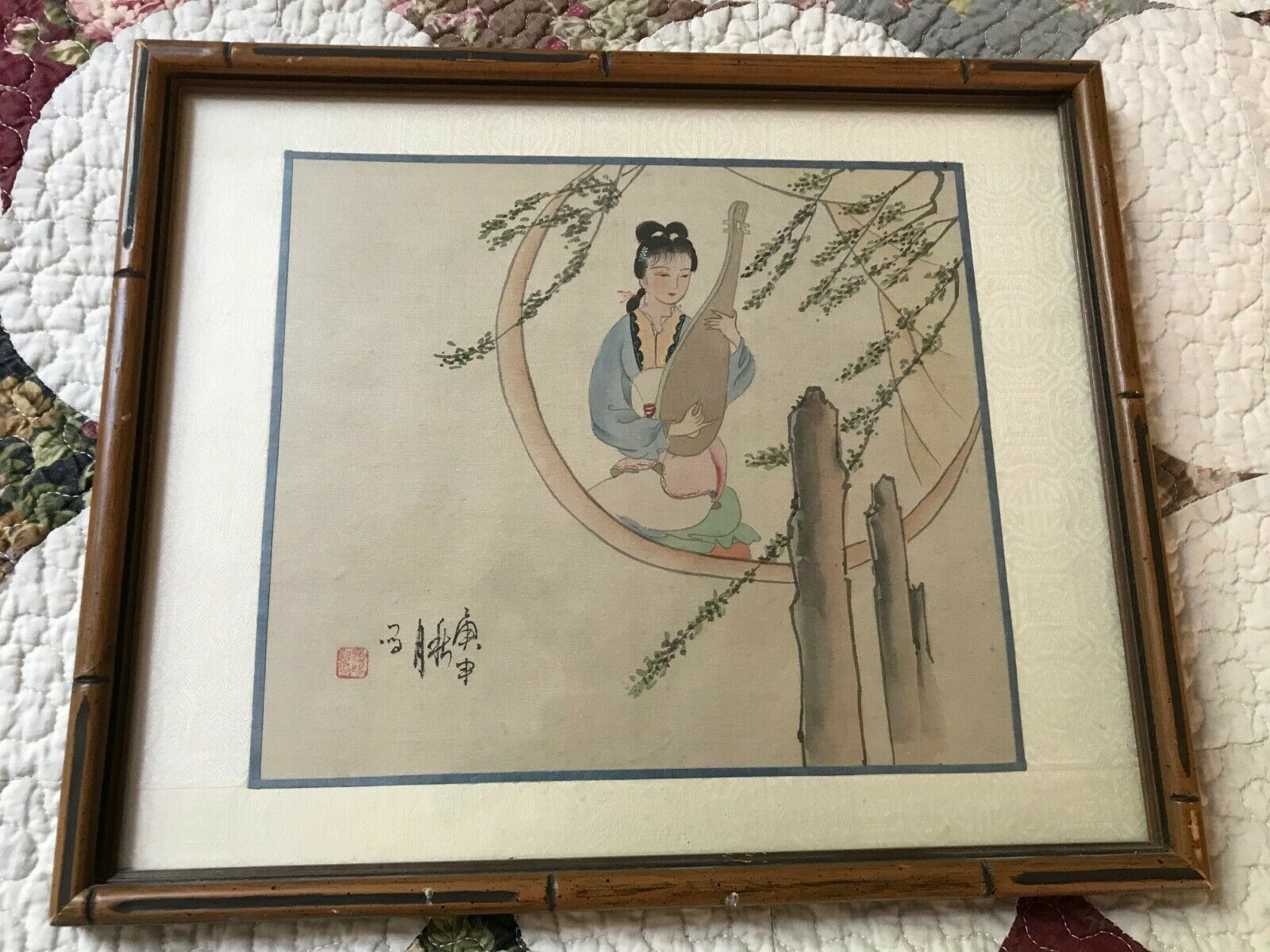 Art  Vintage Handmade Cross Stitch Japanese Geisha Girl W Fans